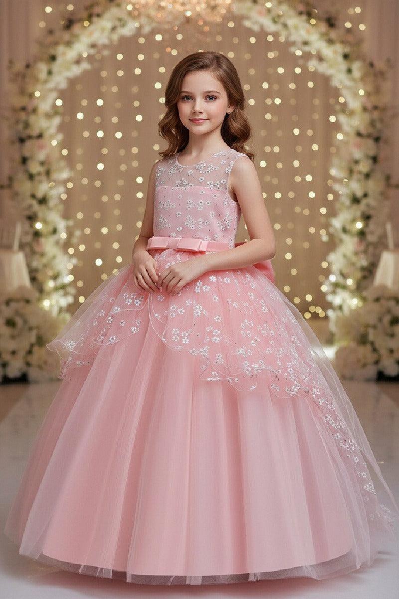 A-Line Illusion Neck Sleeveless Floor Length Tulle Flower Girl Dresses 1029774082419 - 7 Days / Pink / 120cm - COCOMELODY